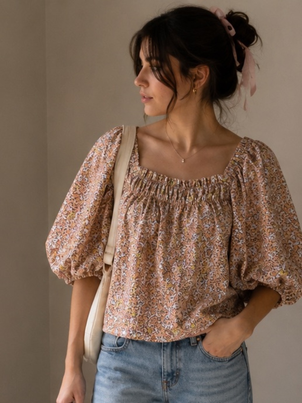 Flowy Puff Sleeve Floral Top Smocked Rayon Relaxed Fit Size XL